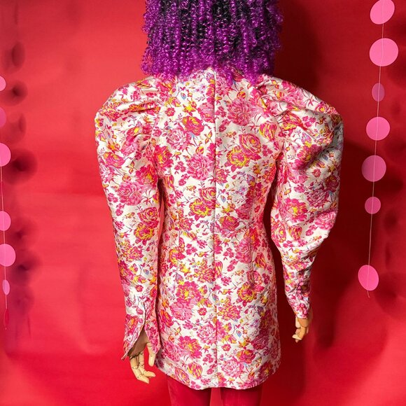 Rotate Birger Christensen Puff Sleeve Mini Dress – Pink Floral Brocade – Retro - Picture 1 of 12